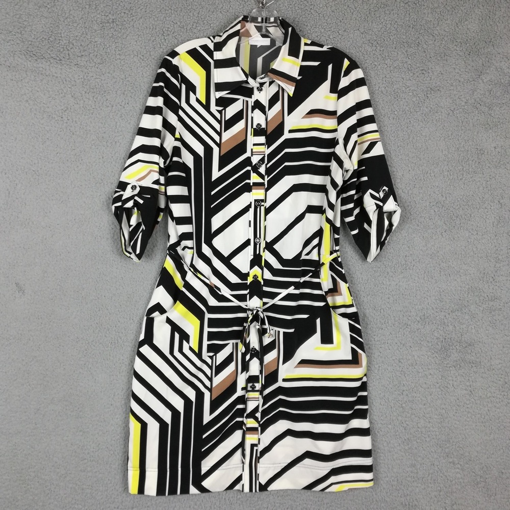 New‎ York & Co Womens Shirt Dress Black White Printed Above Knee Half Sleeve M